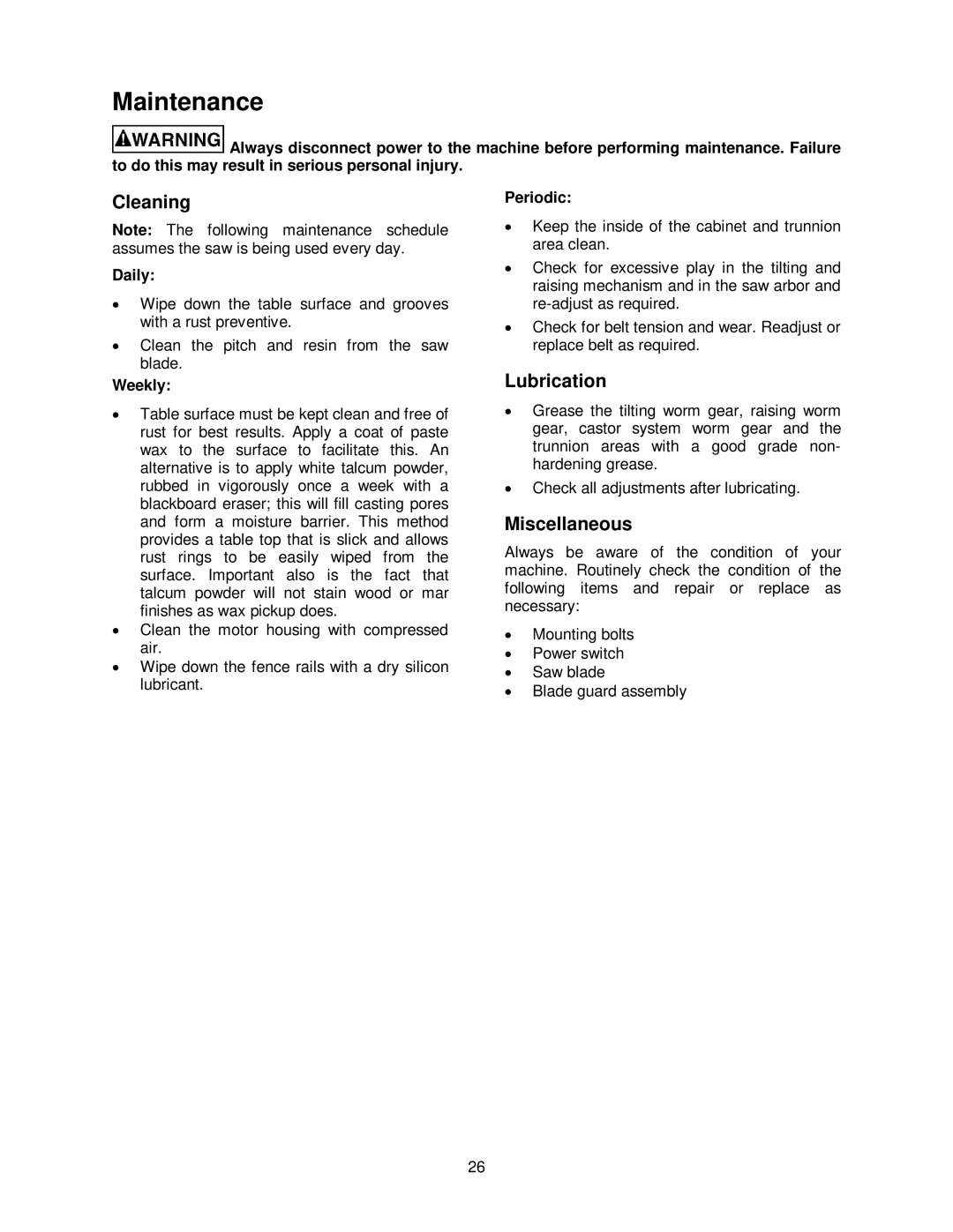 Powermatic PM2000 manual Maintenance, Lubrication, Miscellaneous 