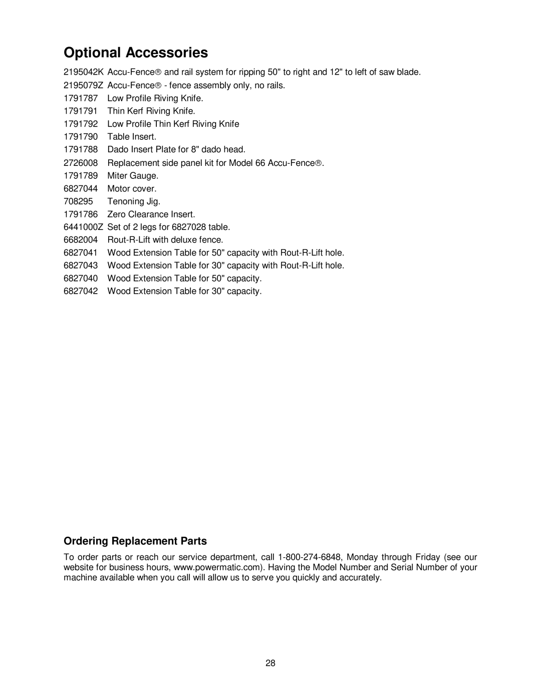 Powermatic PM2000 manual Optional Accessories, Ordering Replacement Parts 