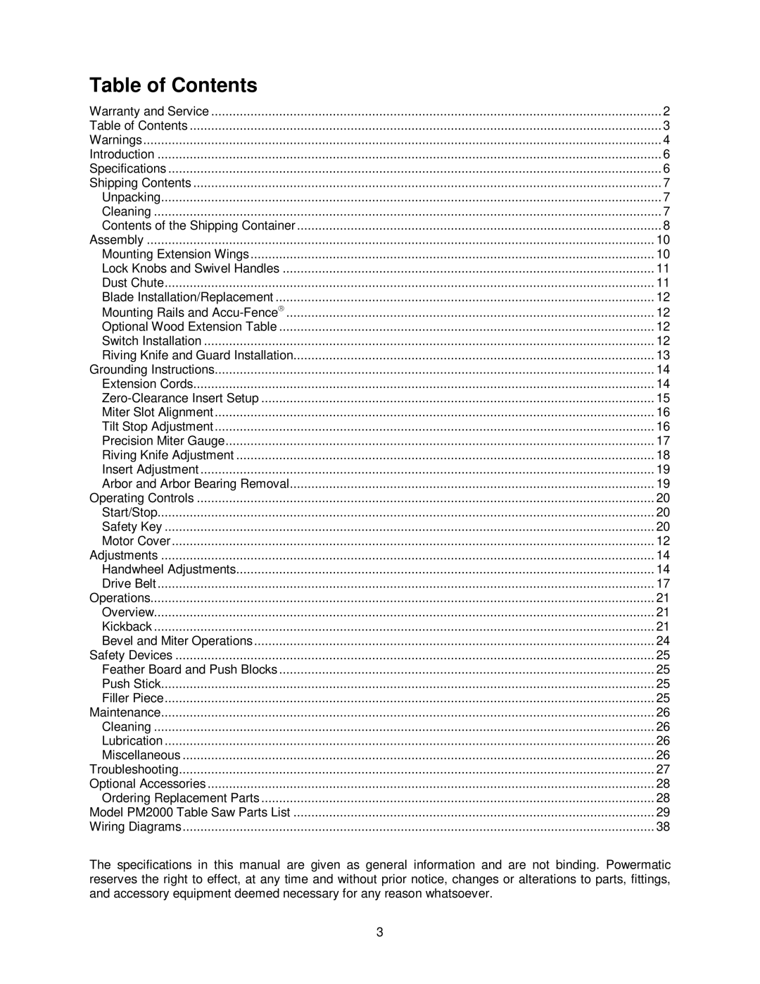 Powermatic PM2000 manual Table of Contents 