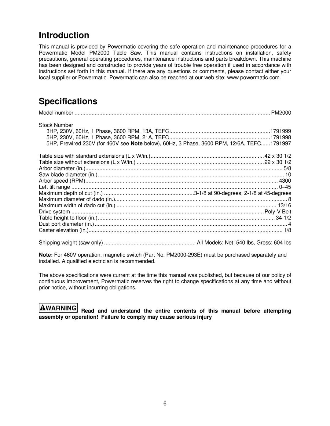 Powermatic PM2000 manual Introduction Specifications 