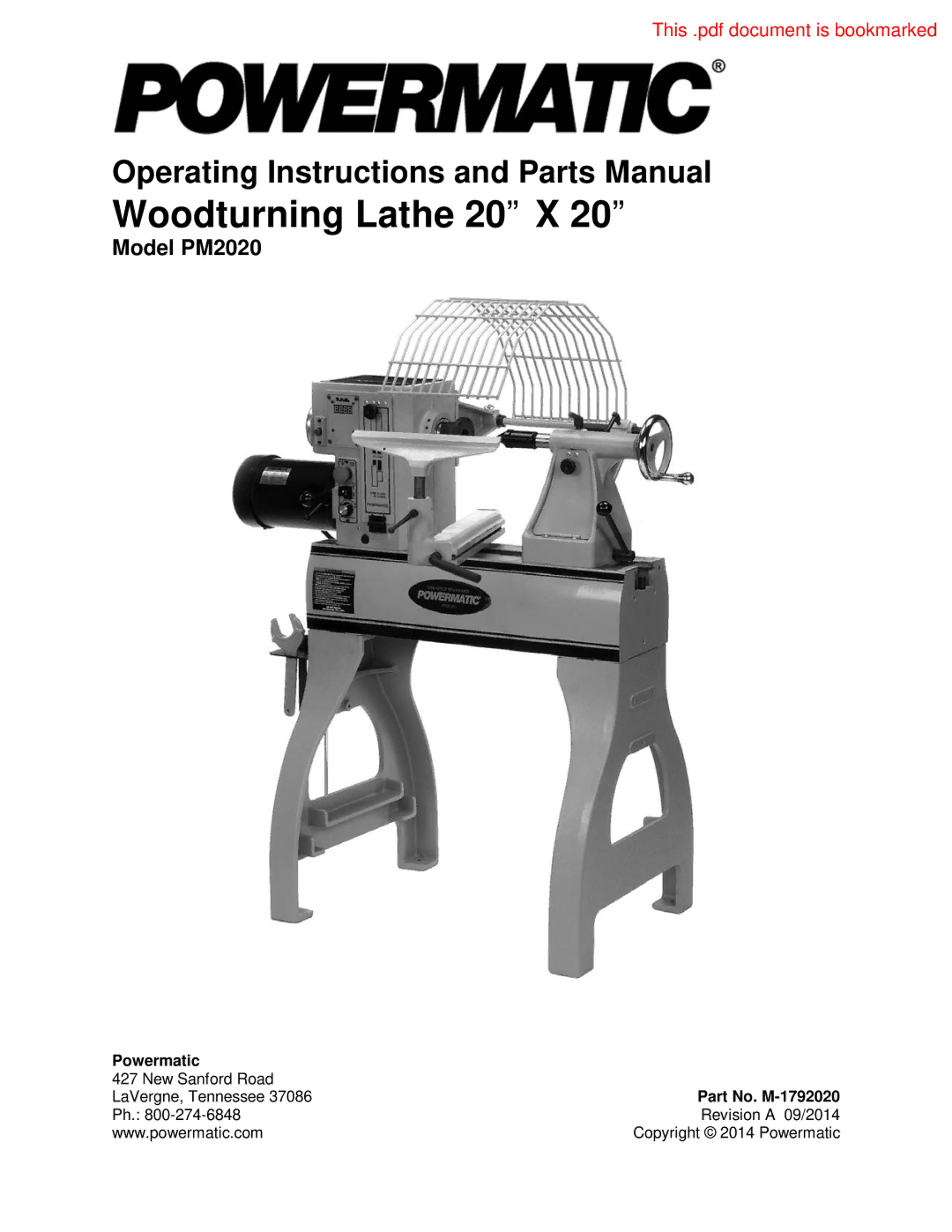 Powermatic PM2020 manual Powermatic, Part No. M-1792020 