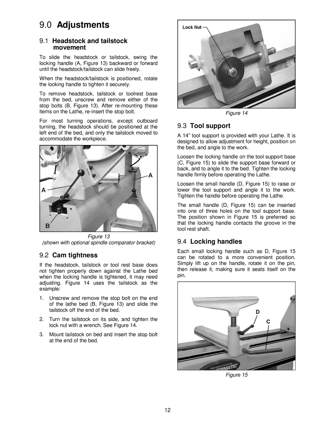 Powermatic PM2020 manual Adjustments, Headstock and tailstock Movement, Cam tightness, Tool support, Locking handles 