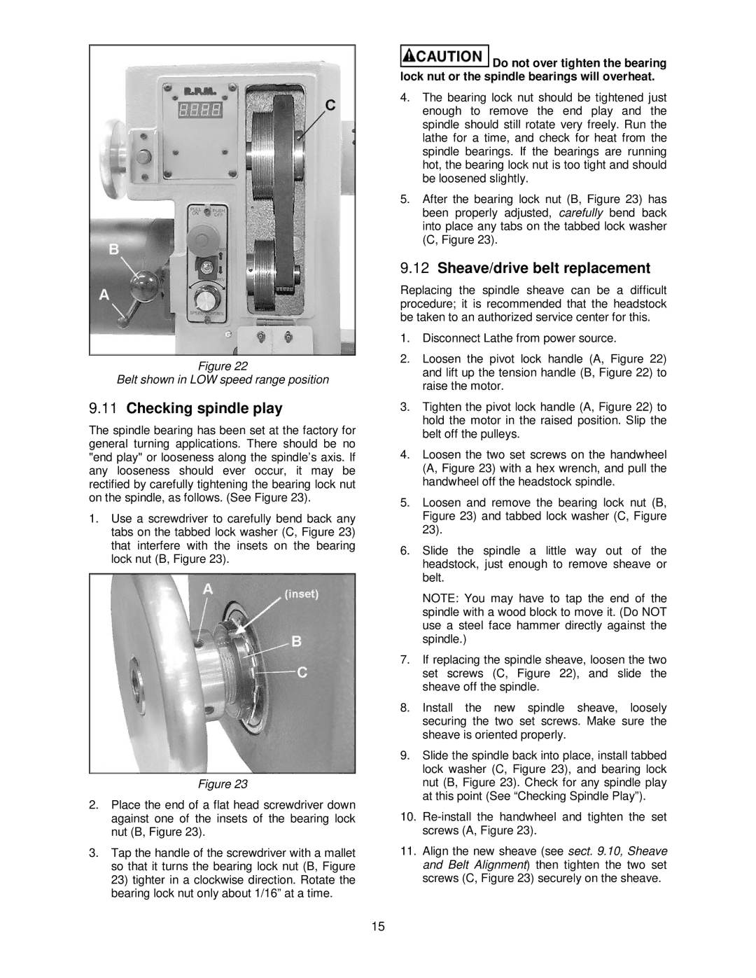 Powermatic PM2020 manual Checking spindle play, Sheave/drive belt replacement 