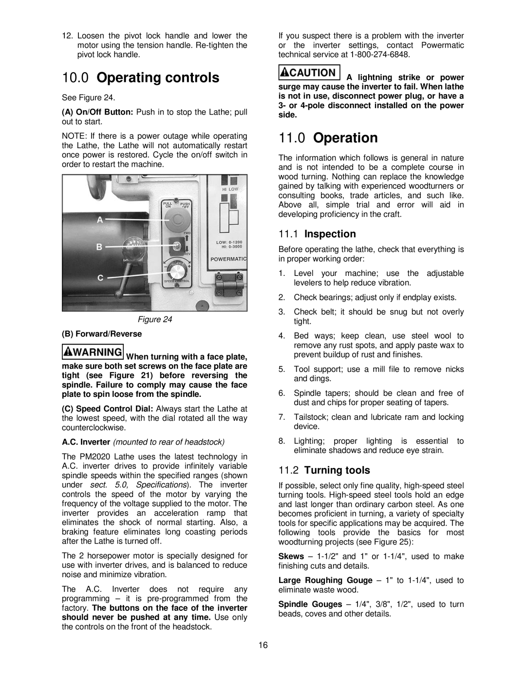 Powermatic PM2020 manual Operating controls, Operation, Inspection, Turning tools, Forward/Reverse 