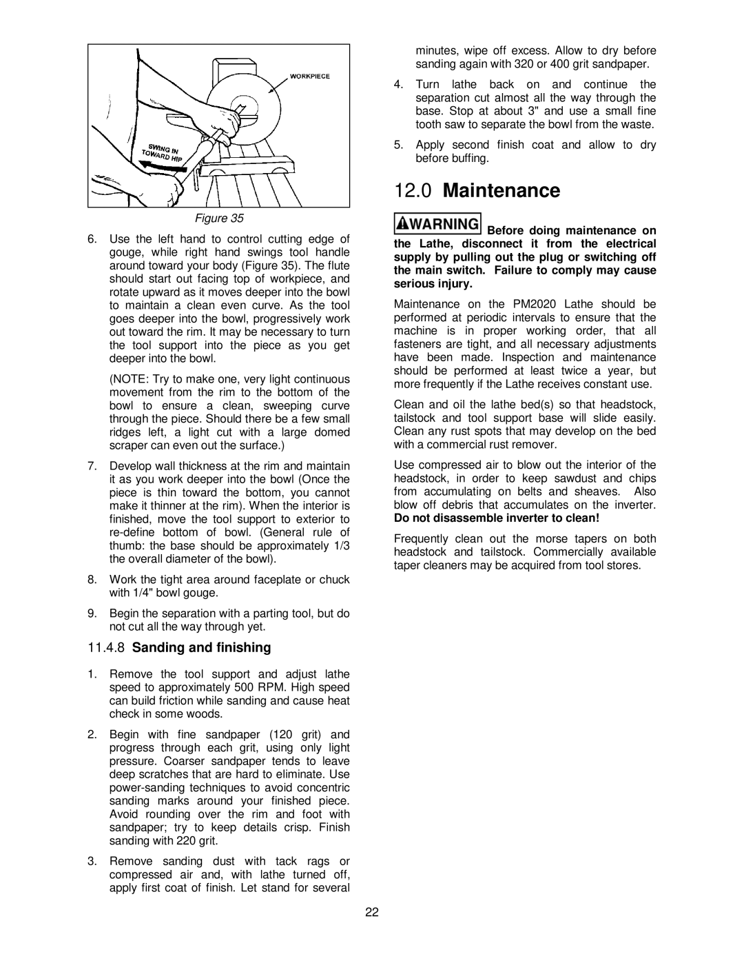 Powermatic PM2020 manual Maintenance, Do not disassemble inverter to clean 