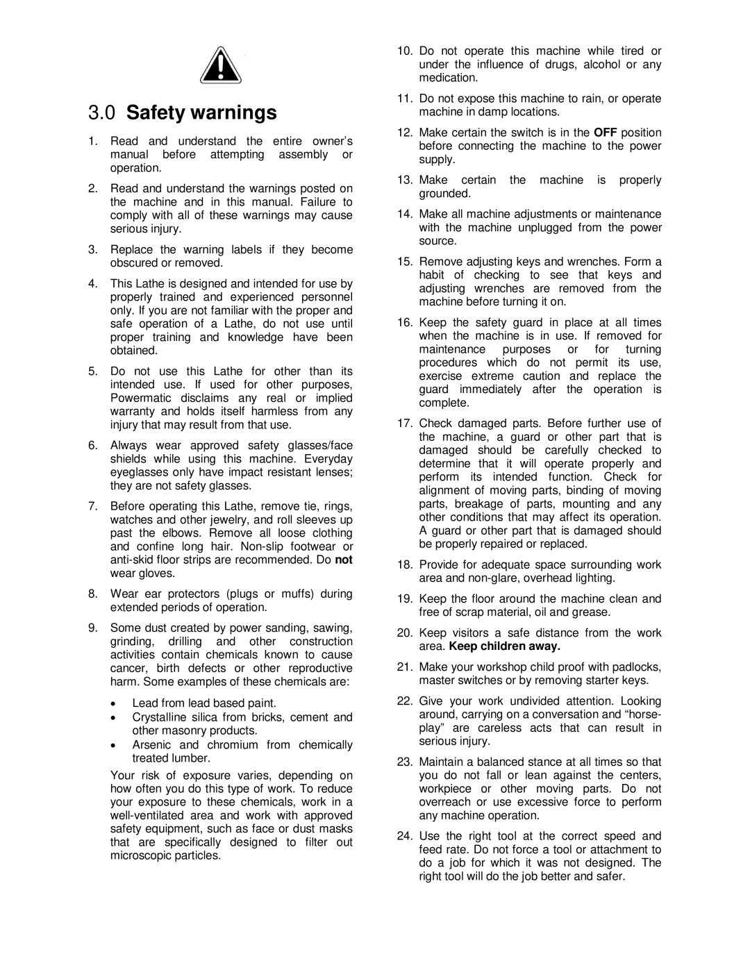 Powermatic PM2020 manual Safety warnings 