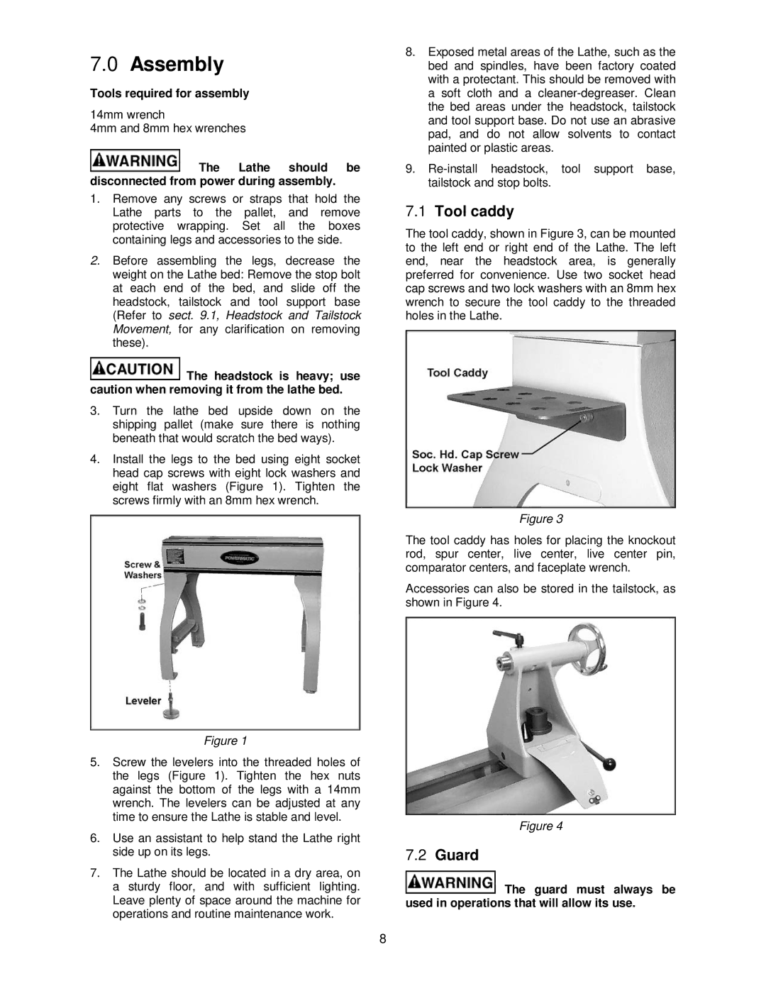 Powermatic PM2020 manual Assembly, Tool caddy, Guard, Tools required for assembly 