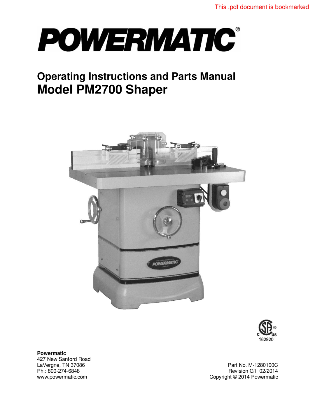 Powermatic operating instructions Model PM2700 Shaper 