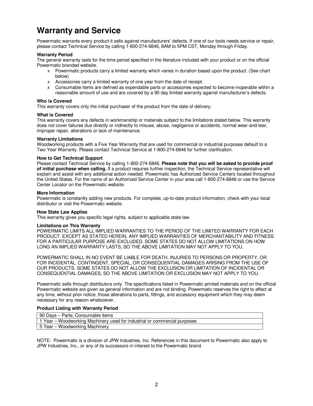 Powermatic PM2700 operating instructions Warranty and Service, Warranty Period 