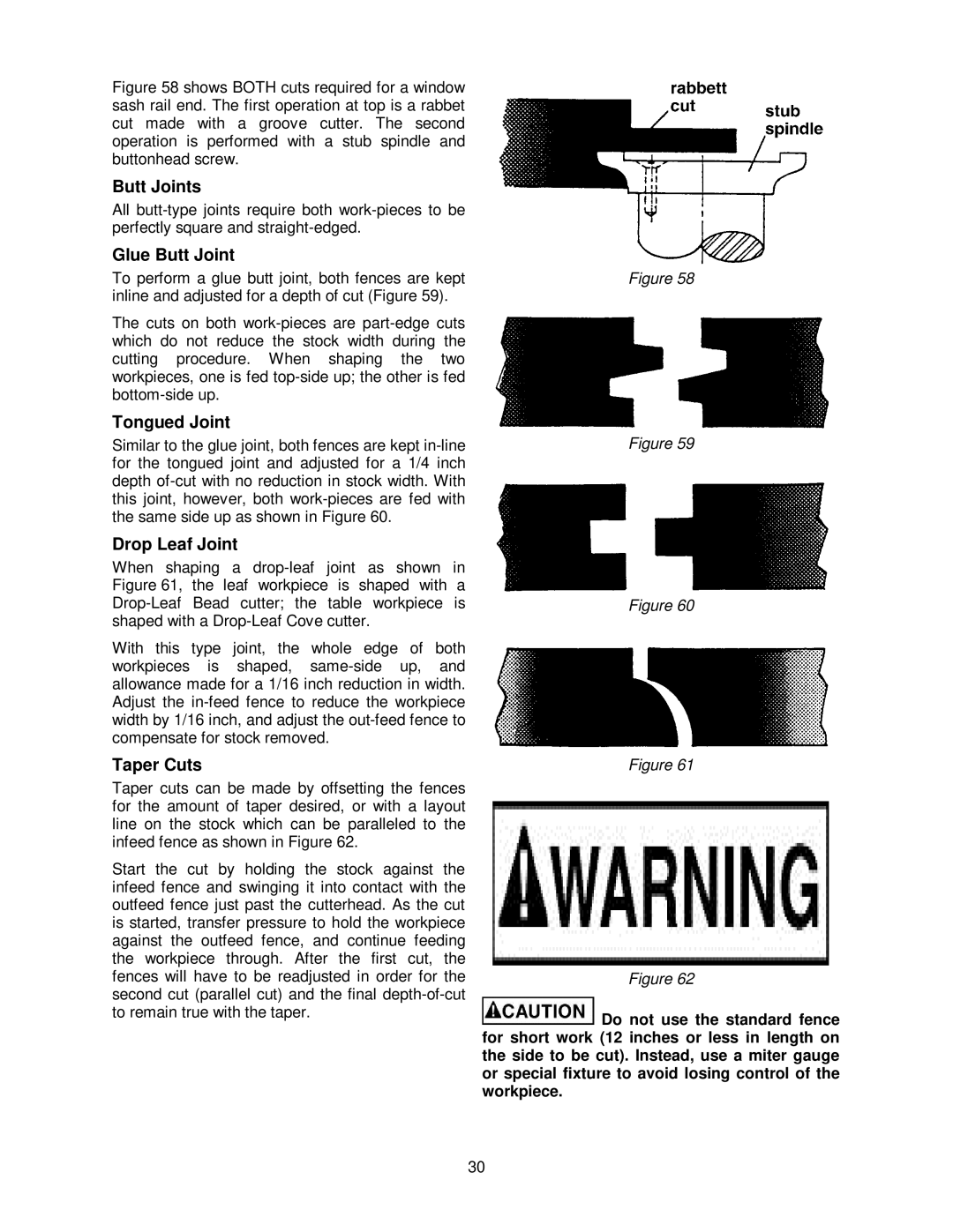 Powermatic PM2700 operating instructions Butt Joints, Glue Butt Joint, Tongued Joint, Drop Leaf Joint, Taper Cuts 