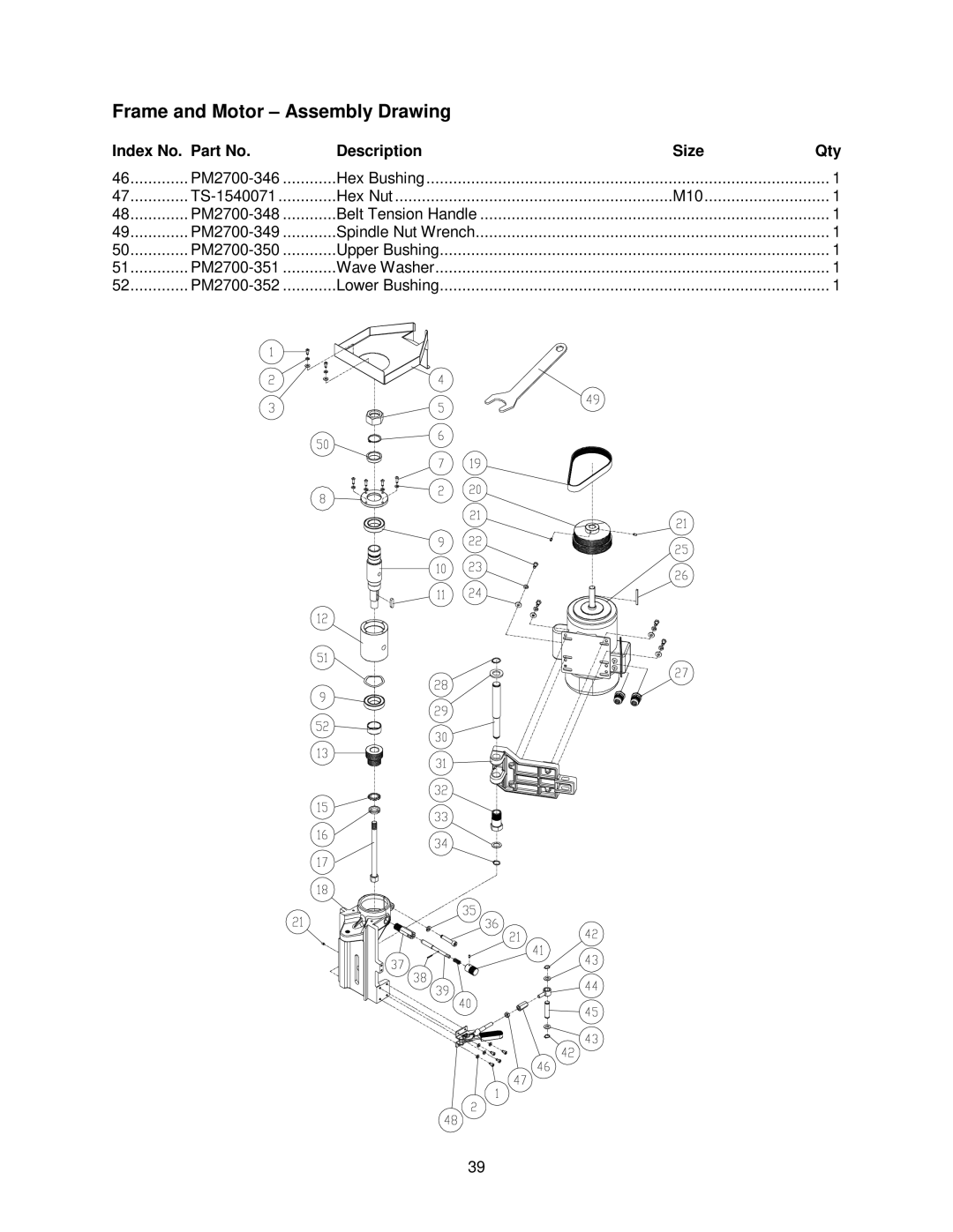 Powermatic PM2700 operating instructions Frame and Motor Assembly Drawing 