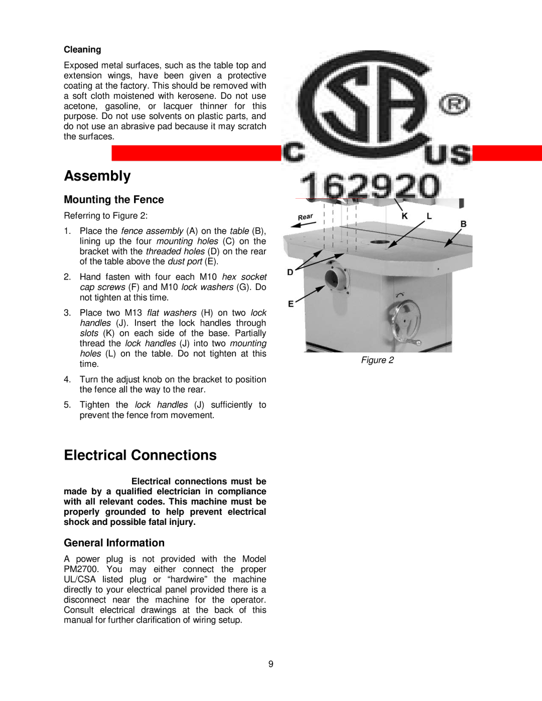 Powermatic PM2700 operating instructions Assembly, Electrical Connections, Mounting the Fence, General Information 