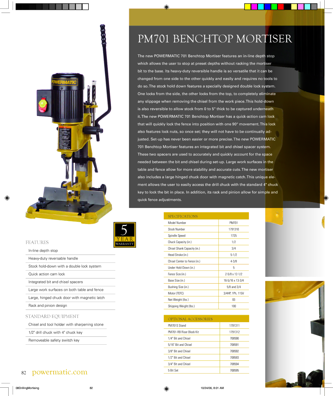 Powermatic PM2800 warranty PM701 Benchtop Mortiser, Standard Equipment 