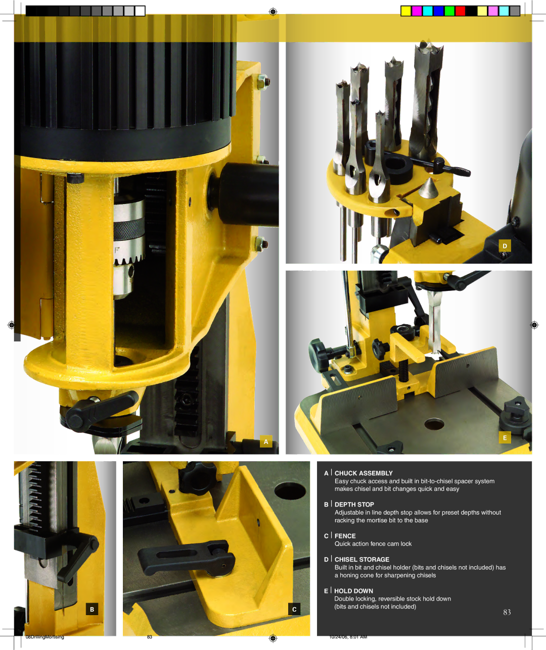 Powermatic PM2800 warranty Chuck Assembly, Depth Stop, Fence, Chisel Storage, Hold Down 