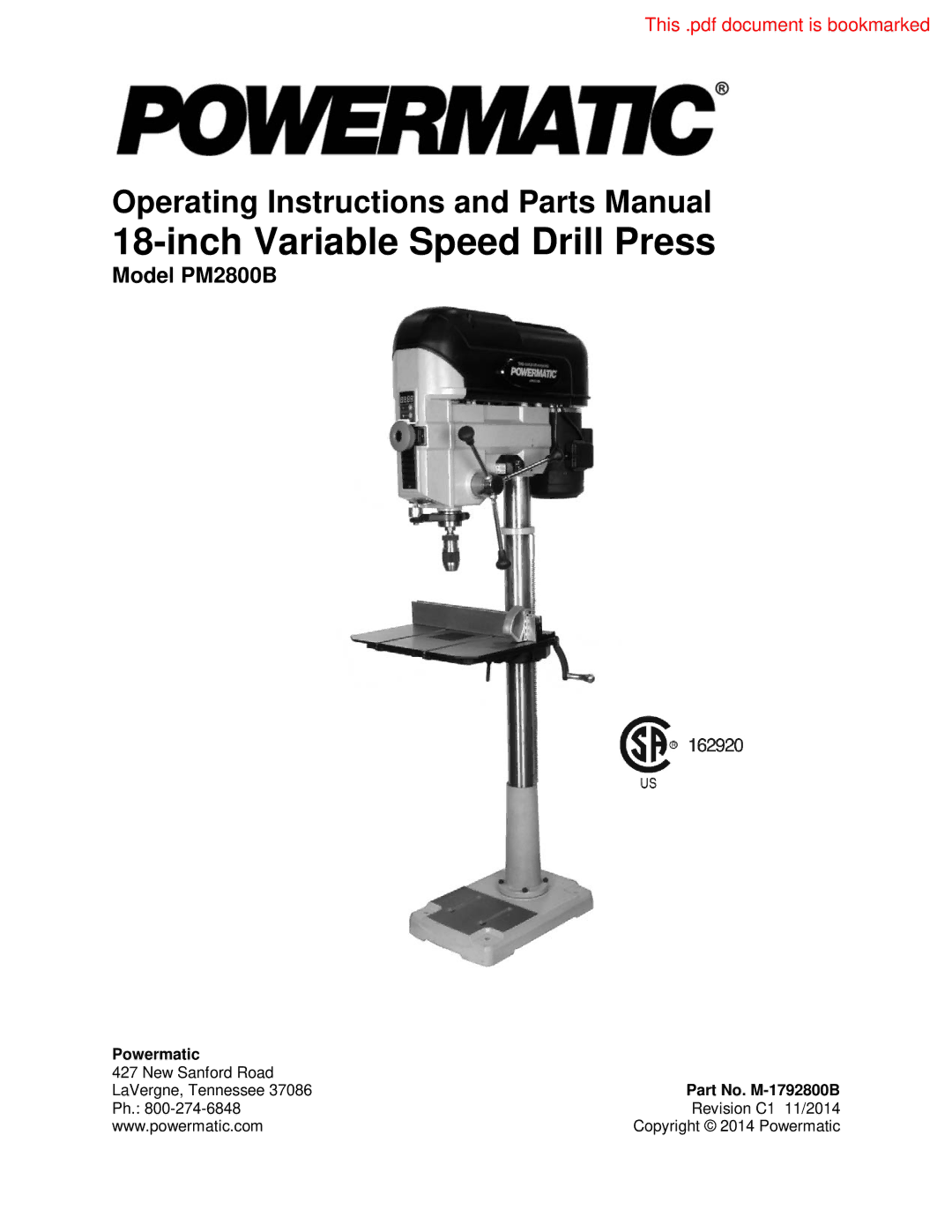 Powermatic PM2800B operating instructions Inch Variable Speed Drill Press 