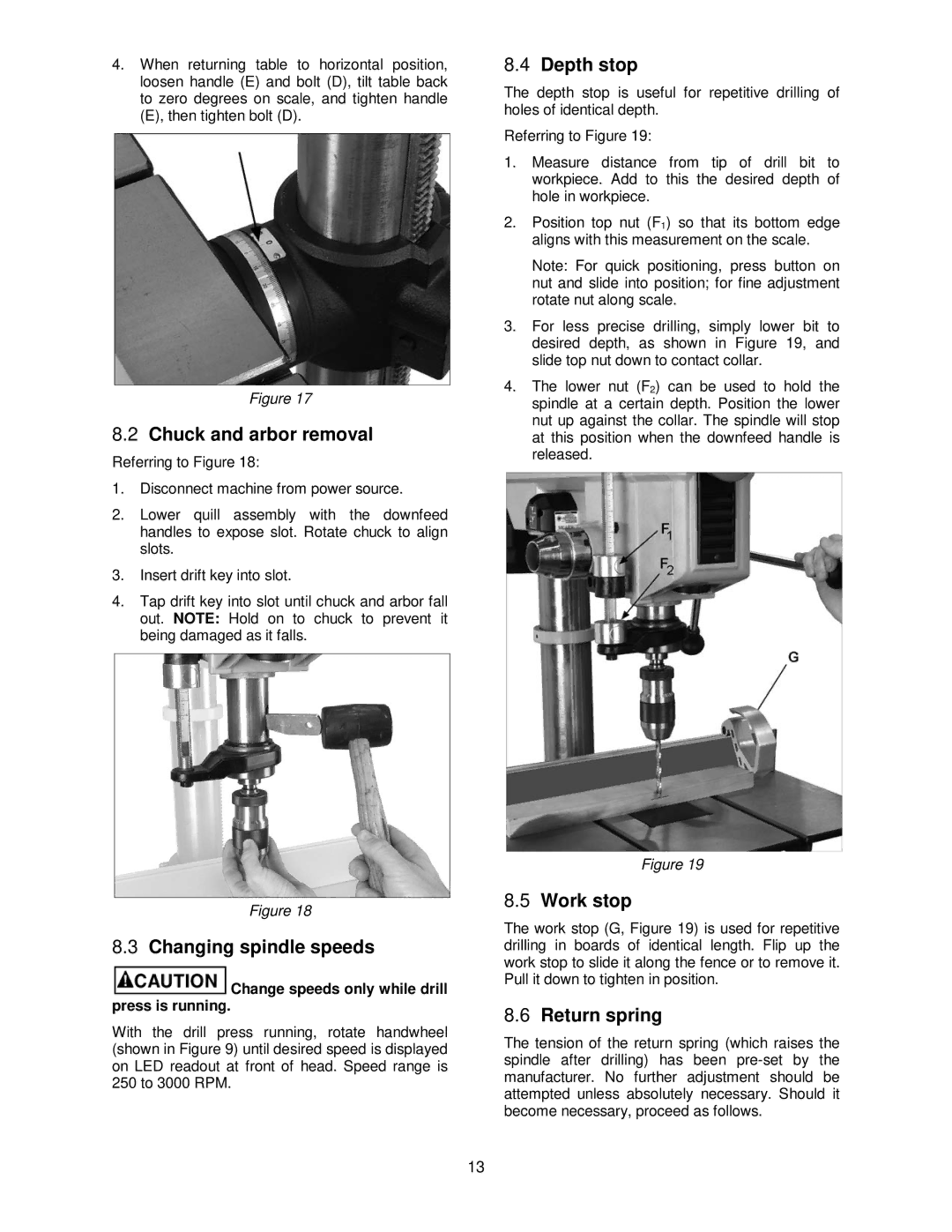 Powermatic PM2800B Chuck and arbor removal, Changing spindle speeds, Depth stop, Work stop, Return spring 