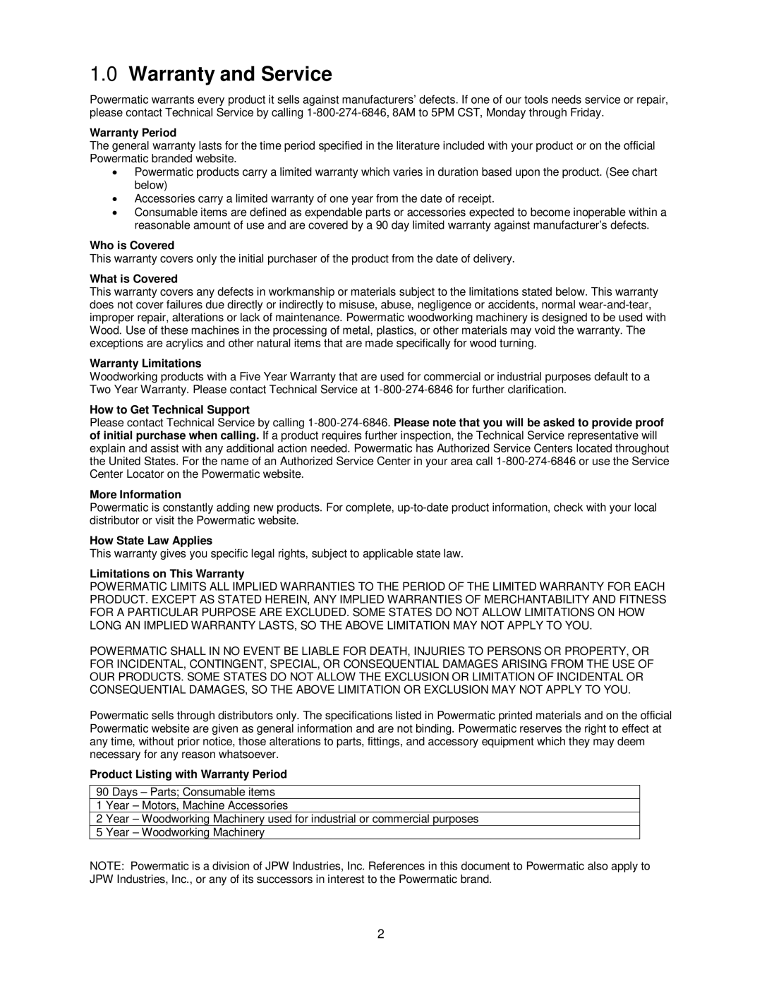 Powermatic PM2800B operating instructions Warranty and Service, Warranty Period 