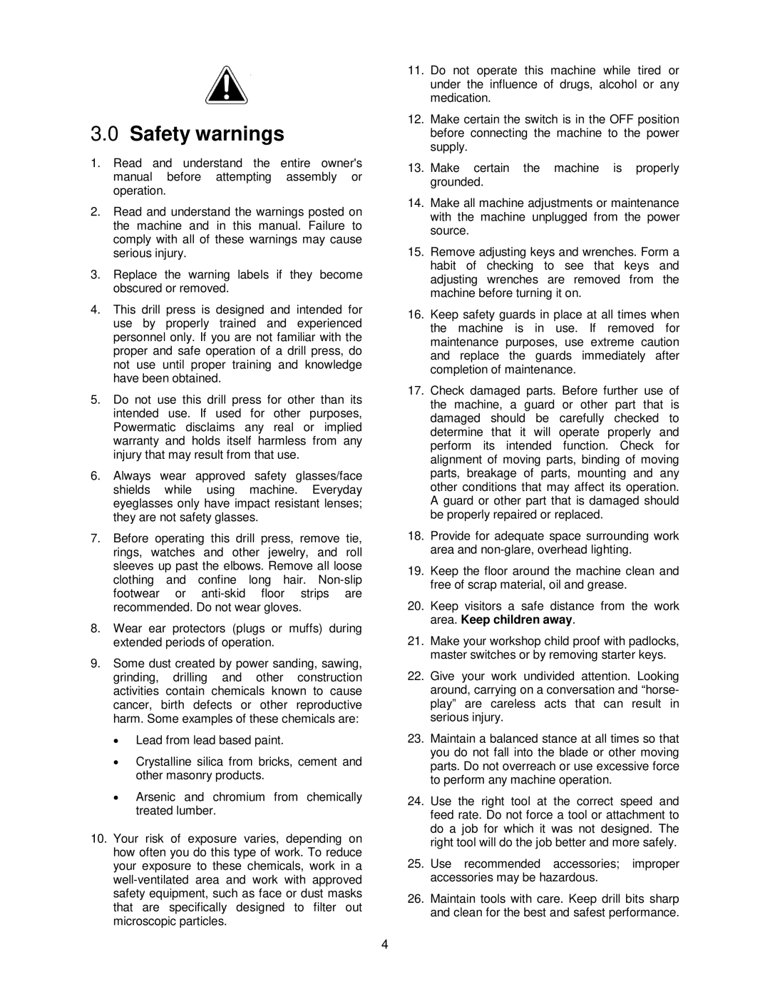 Powermatic PM2800B operating instructions Safety warnings 