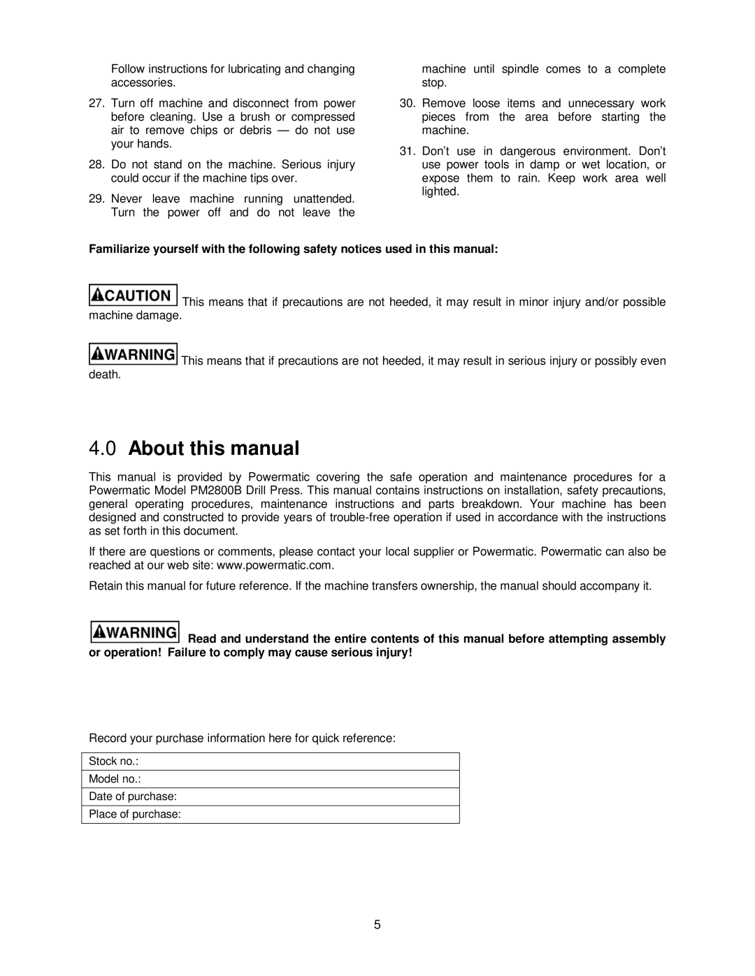 Powermatic PM2800B operating instructions About this manual 