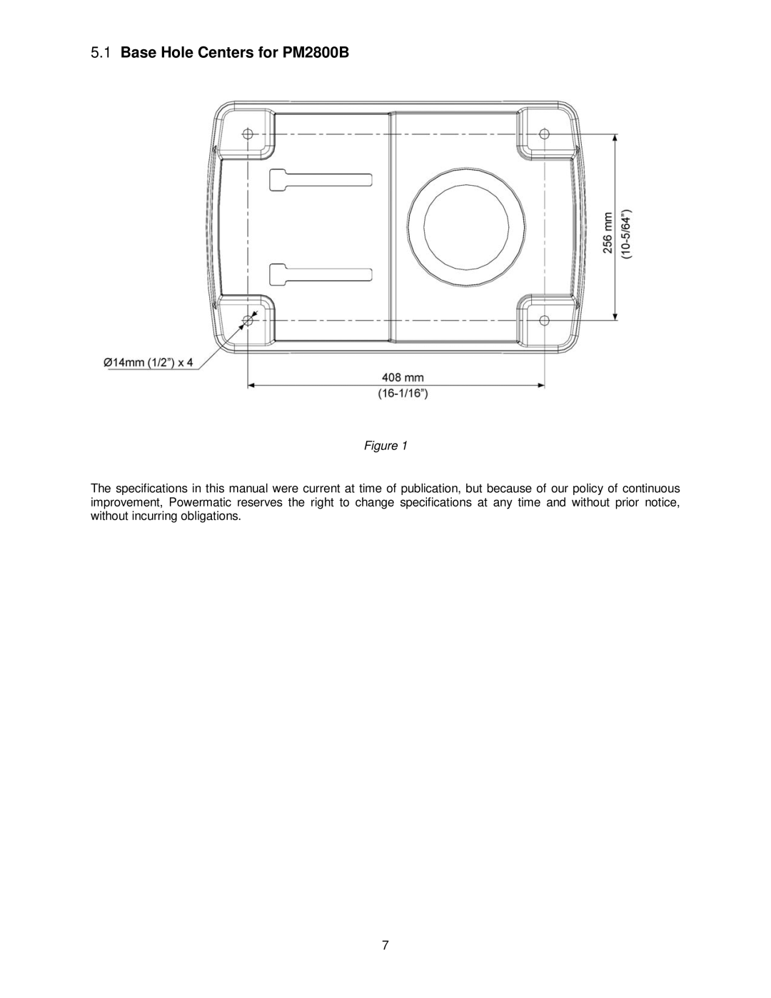 Powermatic operating instructions Base Hole Centers for PM2800B 