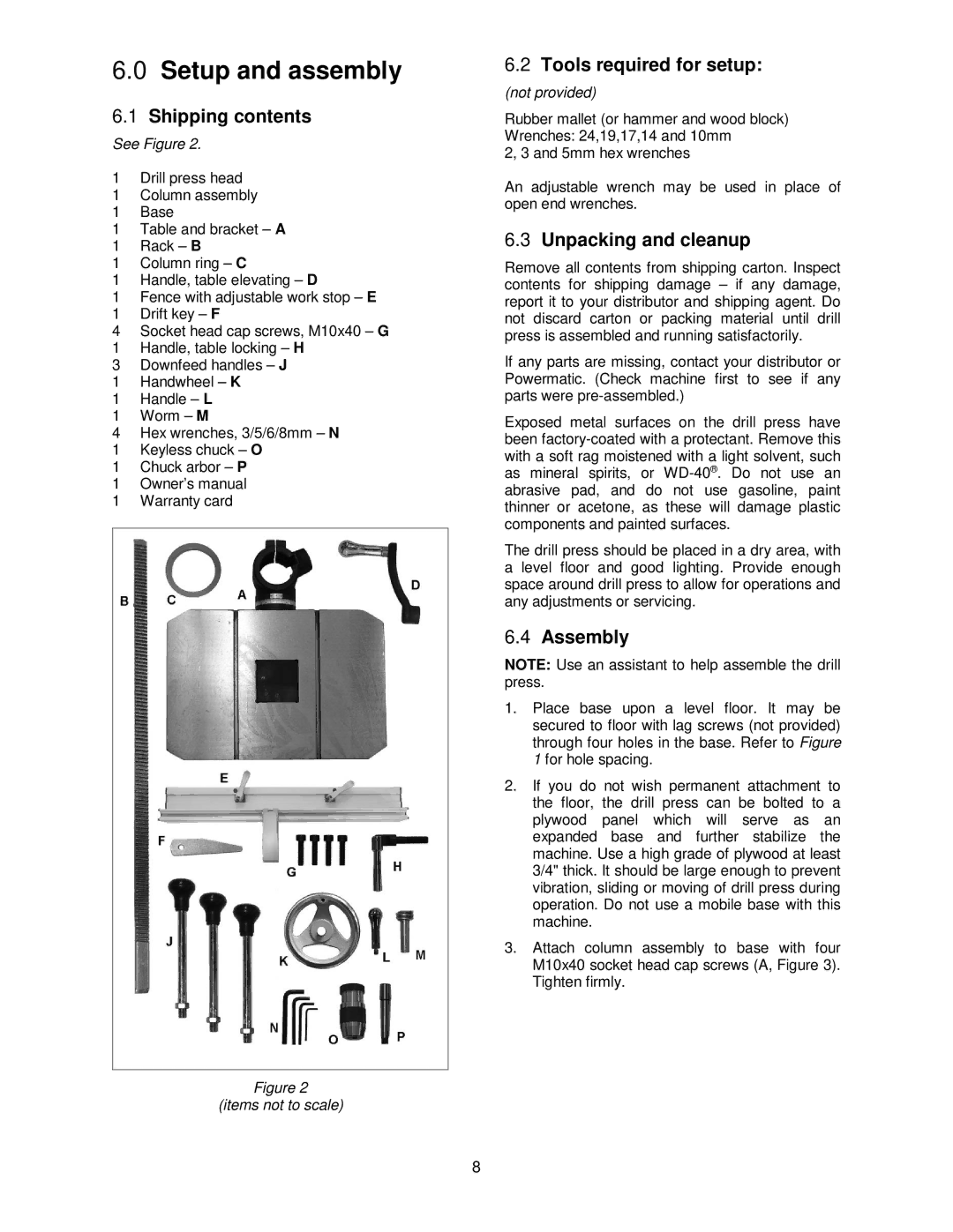 Powermatic PM2800B Setup and assembly, Shipping contents, Tools required for setup, Unpacking and cleanup, Assembly 