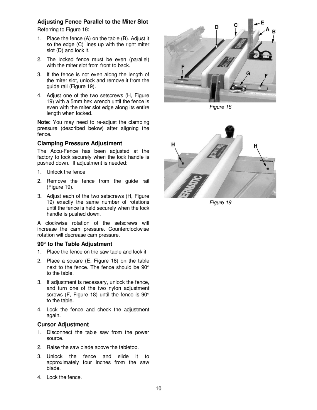 Powermatic 55, PM3000 Adjusting Fence Parallel to the Miter Slot, Clamping Pressure Adjustment, To the Table Adjustment 