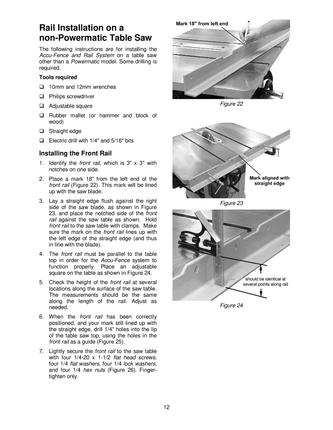 Powermatic PM3000, PM2000, 55, 72A Rail Installation on a non-Powermatic Table Saw, Installing the Front Rail 