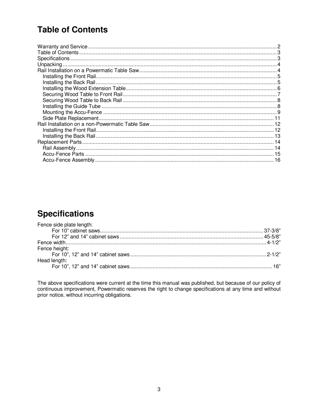 Powermatic 72A, PM3000, PM2000, 55 operating instructions Table of Contents, Specifications 