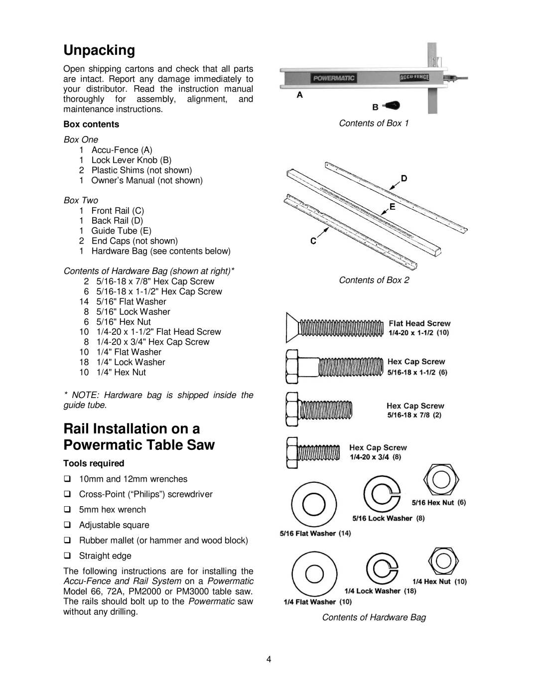 Powermatic PM3000, PM2000, 55, 72A operating instructions Unpacking, Rail Installation on a Powermatic Table Saw 