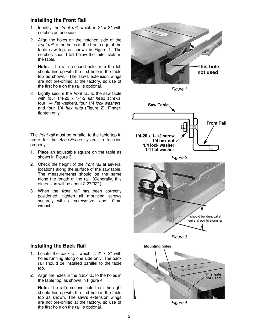 Powermatic PM2000, PM3000, 55, 72A operating instructions Installing the Front Rail, Installing the Back Rail 