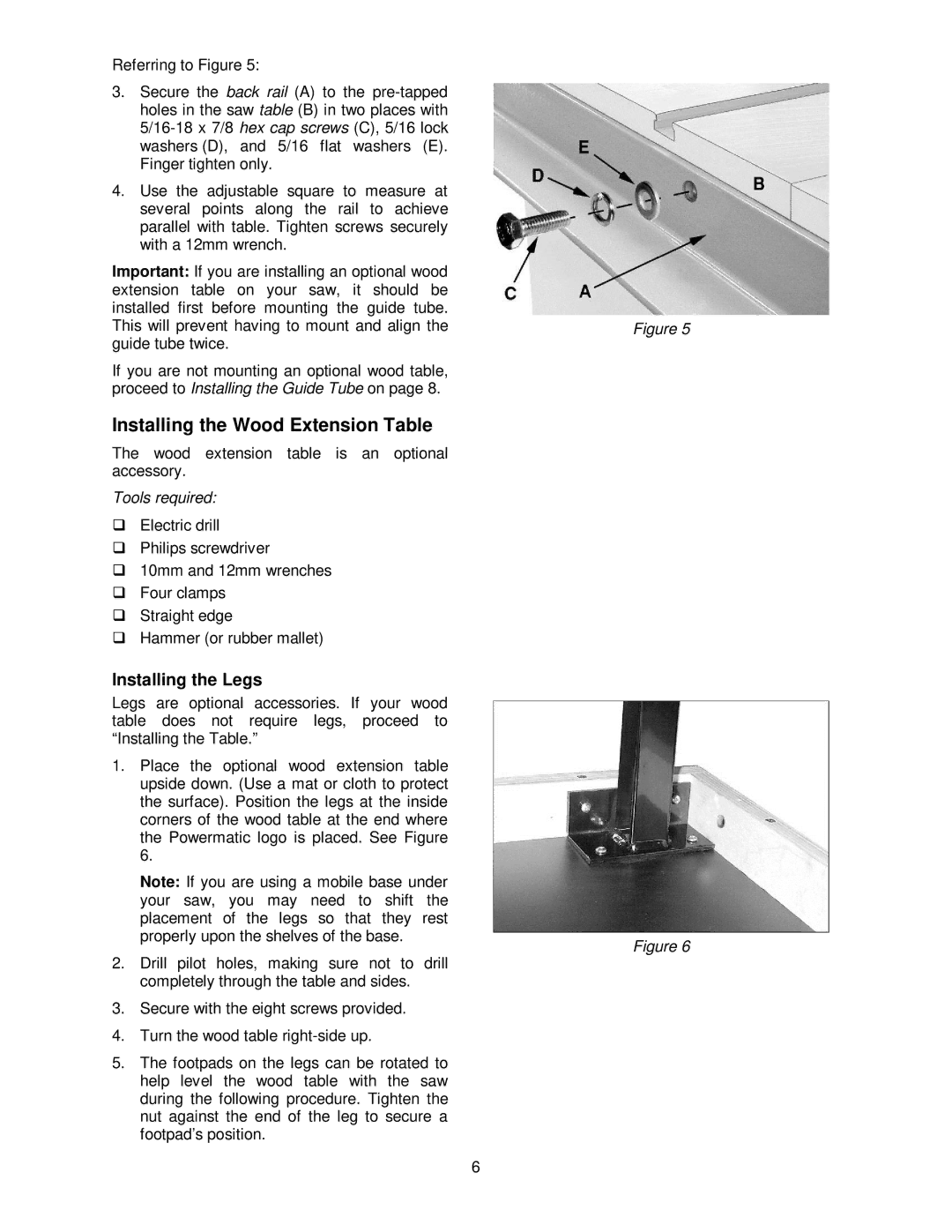 Powermatic 55, PM3000, PM2000, 72A operating instructions Installing the Wood Extension Table, Installing the Legs 