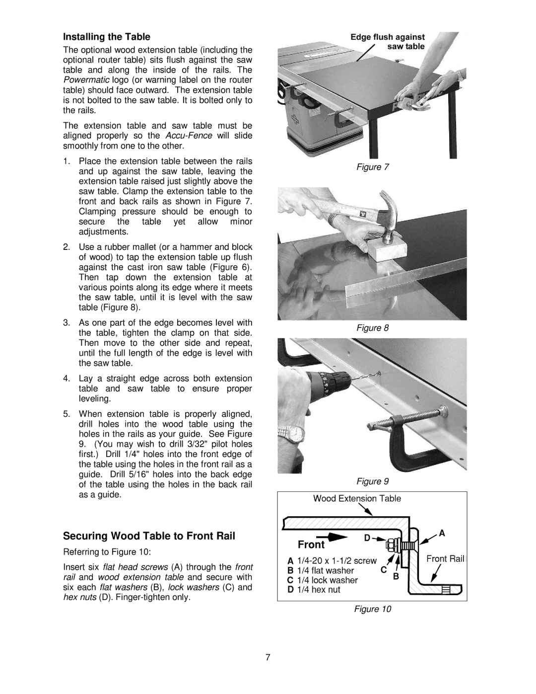 Powermatic 72A, PM3000, PM2000, 55 operating instructions Securing Wood Table to Front Rail, Installing the Table 