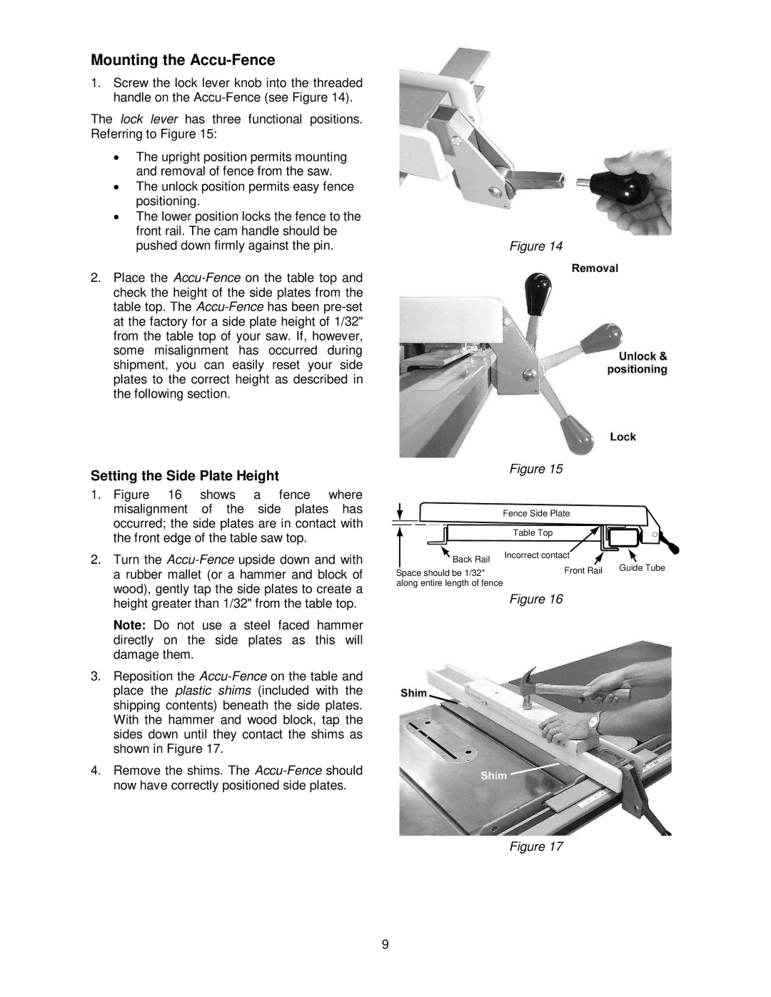 Powermatic PM2000, PM3000, 55, 72A operating instructions Mounting the Accu-Fence, Setting the Side Plate Height 