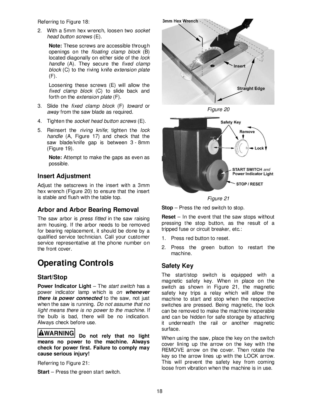 Powermatic PM3000 manual Operating Controls, Insert Adjustment, Arbor and Arbor Bearing Removal, Start/Stop, Safety Key 