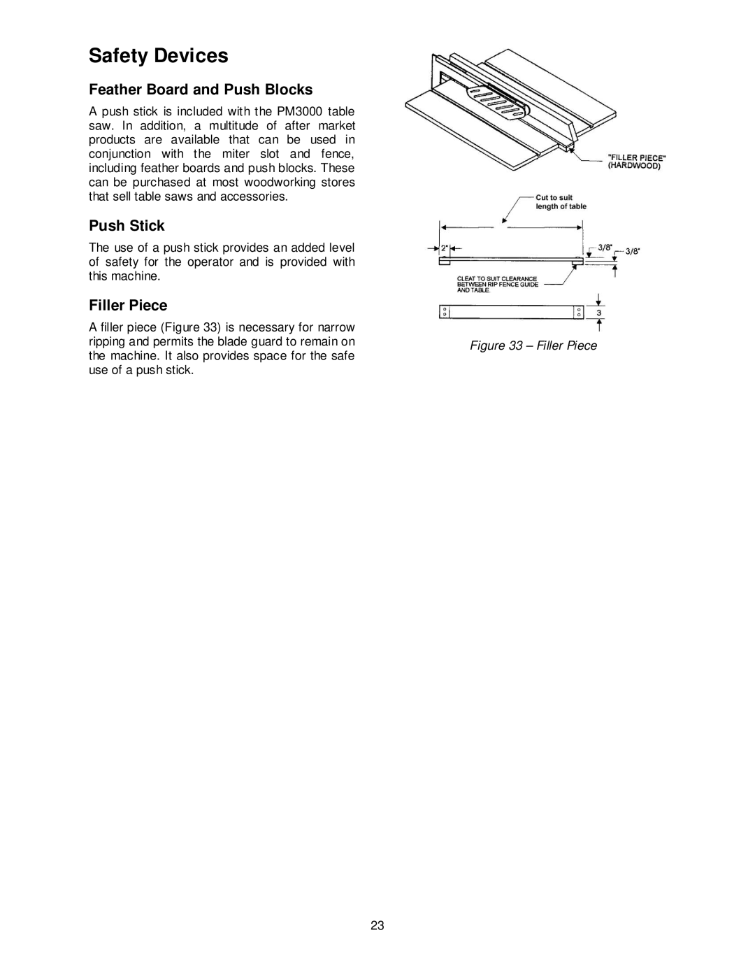 Powermatic PM3000 manual Safety Devices, Feather Board and Push Blocks, Push Stick, Filler Piece 