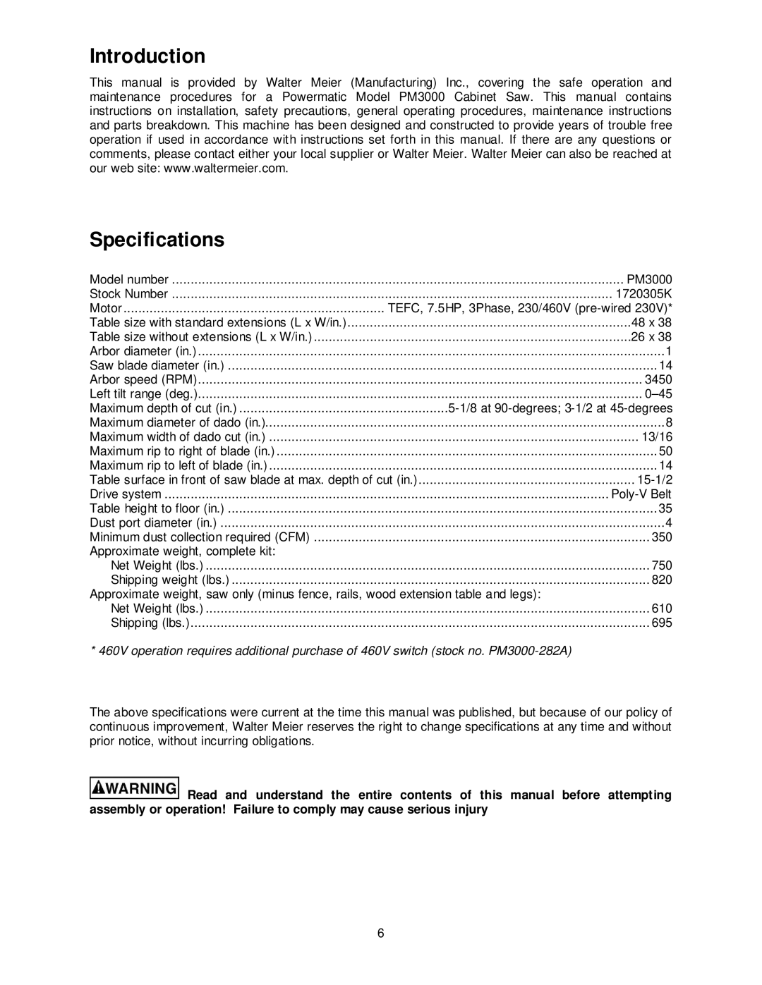 Powermatic PM3000 manual Introduction Specifications 