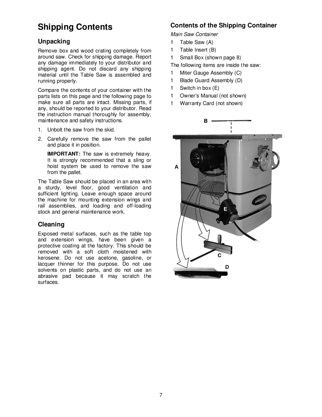 Powermatic PM3000 manual Shipping Contents 