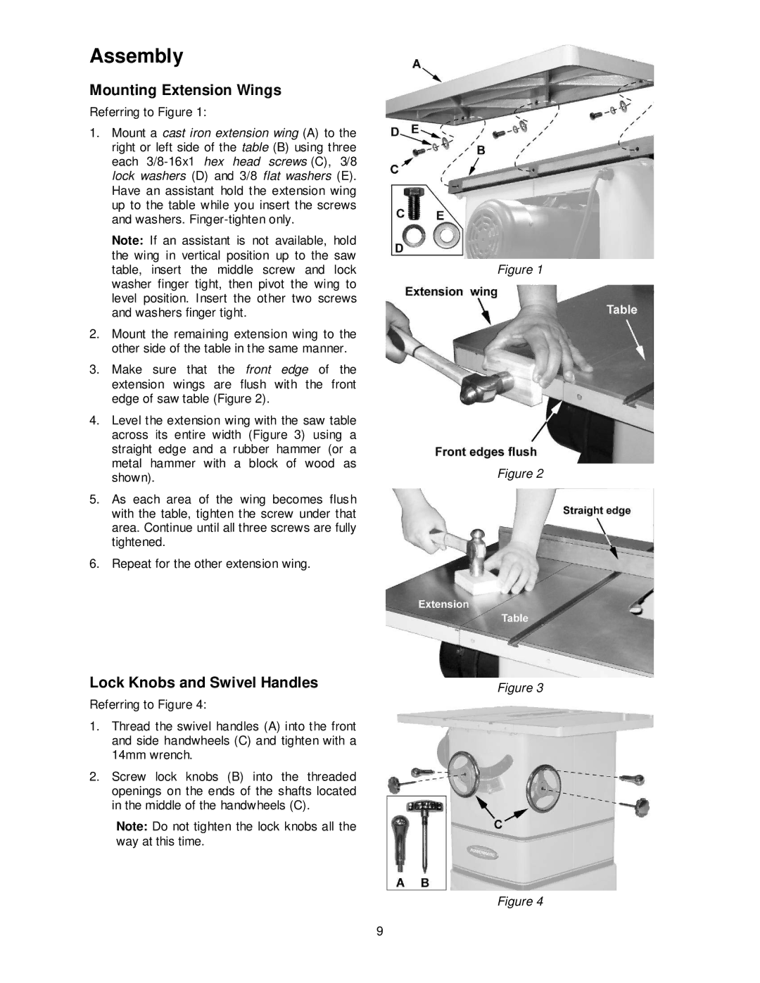 Powermatic PM3000 manual Assembly, Mounting Extension Wings, Lock Knobs and Swivel Handles 