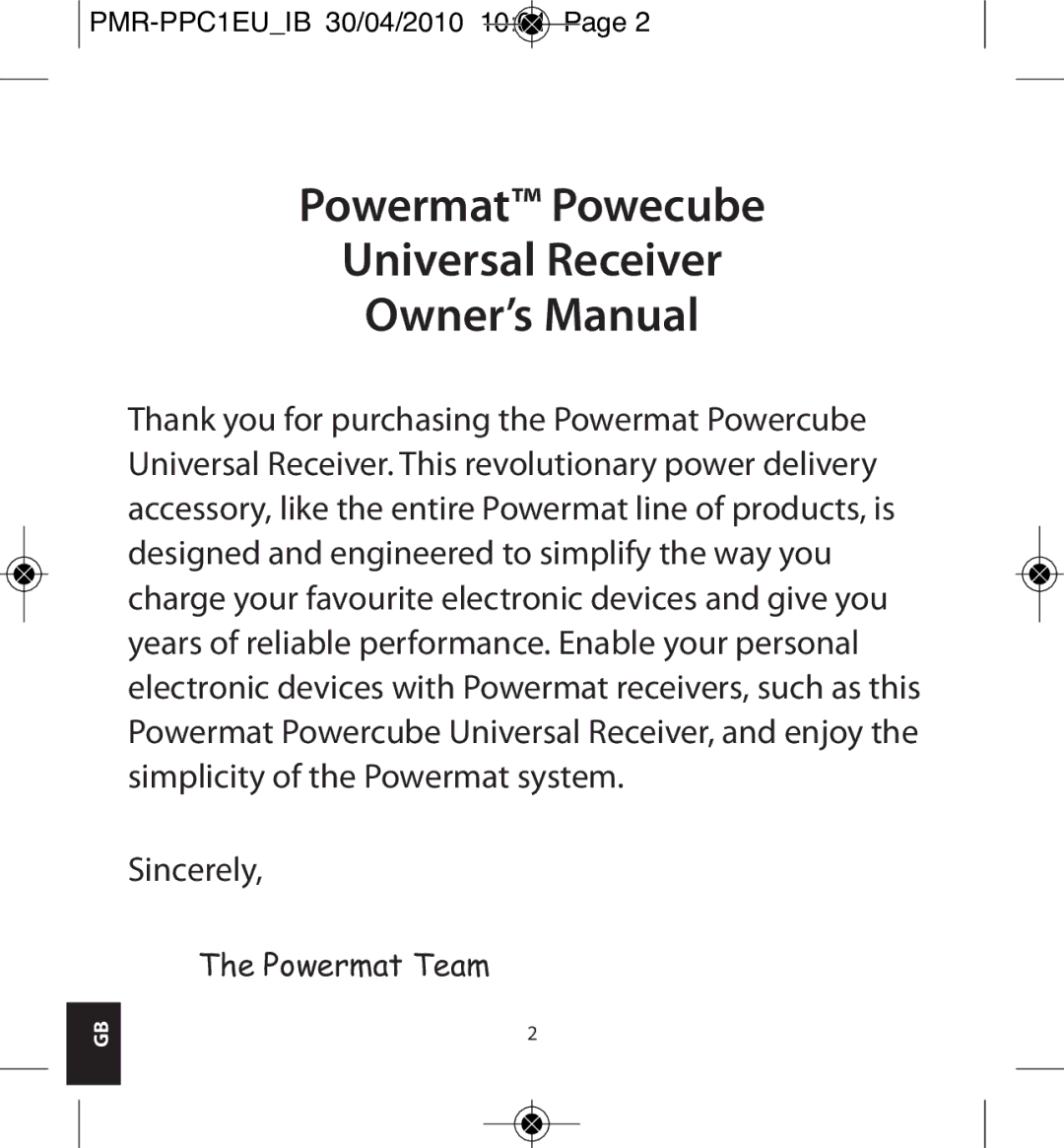 Powermatic PMR-PPC1EU_IB owner manual Powermat Powecube Universal Receiver, Powermat Team 