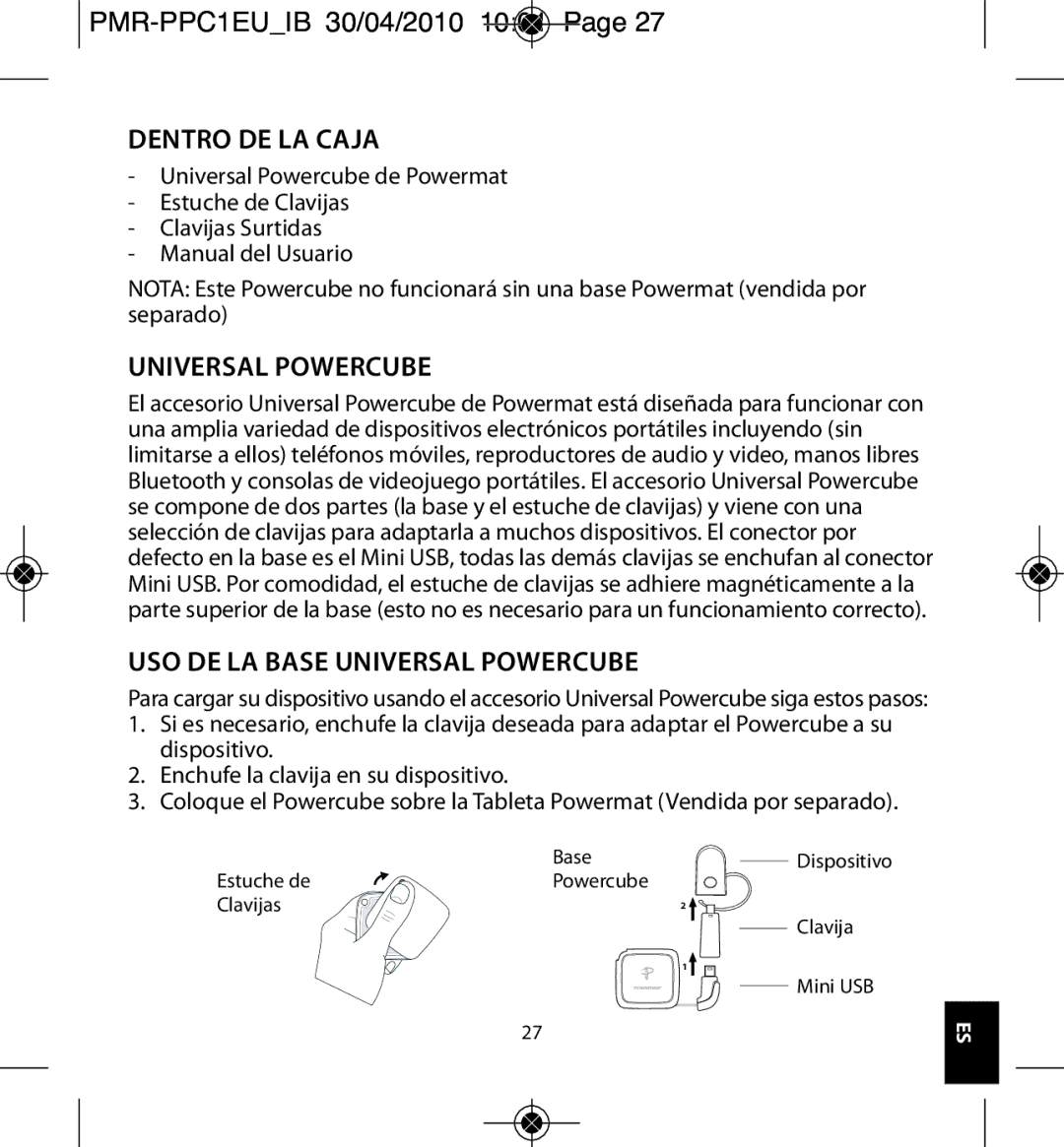 Powermatic PMR-PPC1EU_IB owner manual Dentro DE LA Caja, USO DE LA Base Universal Powercube 