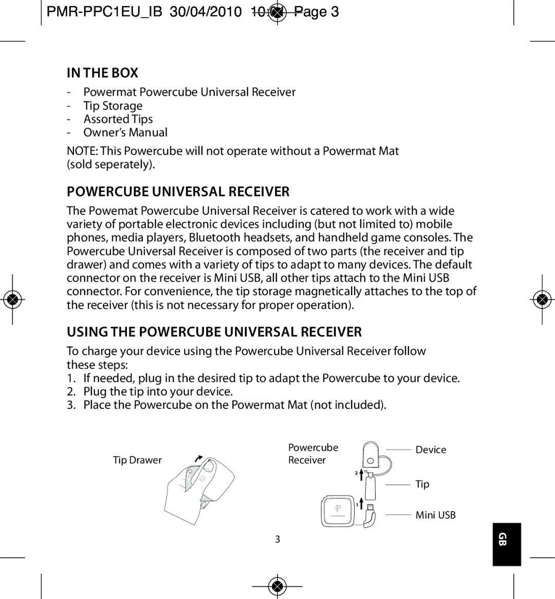 Powermatic PMR-PPC1EU_IB owner manual Box, Using the Powercube Universal Receiver 