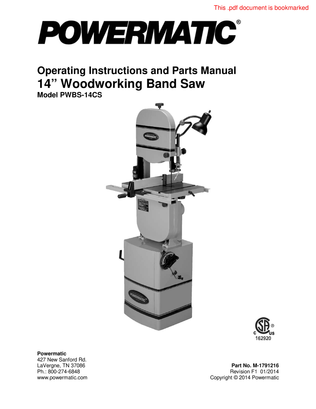 Powermatic PWBS-14CS operating instructions Powermatic, Part No. M-1791216 