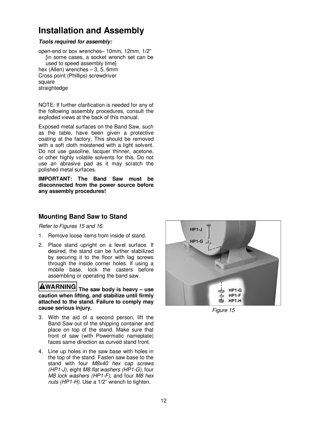 Powermatic PWBS-14CS operating instructions Installation and Assembly, Mounting Band Saw to Stand, Refer to Figures 15 