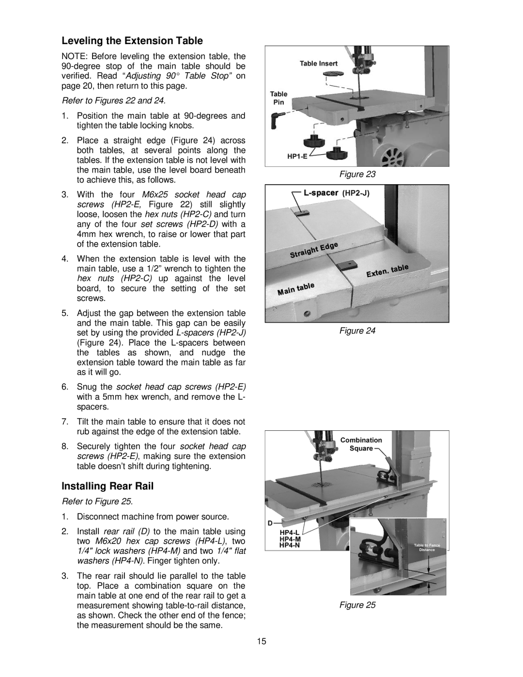 Powermatic PWBS-14CS operating instructions Leveling the Extension Table, Installing Rear Rail, Refer to Figures 22 