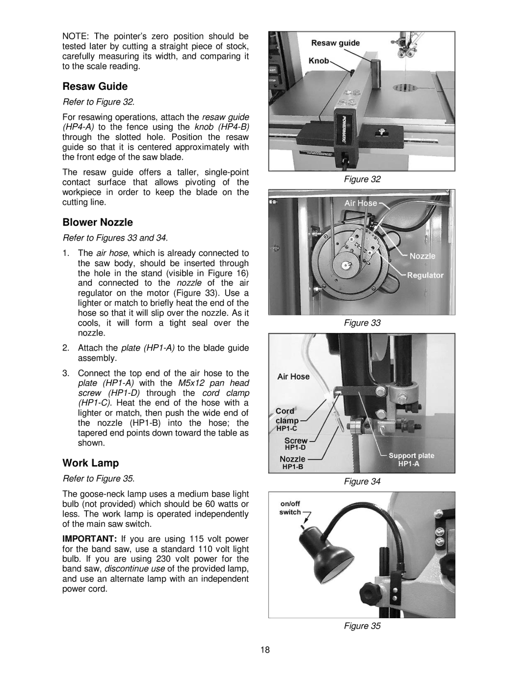 Powermatic PWBS-14CS operating instructions Resaw Guide, Blower Nozzle, Work Lamp, Refer to Figures 33 