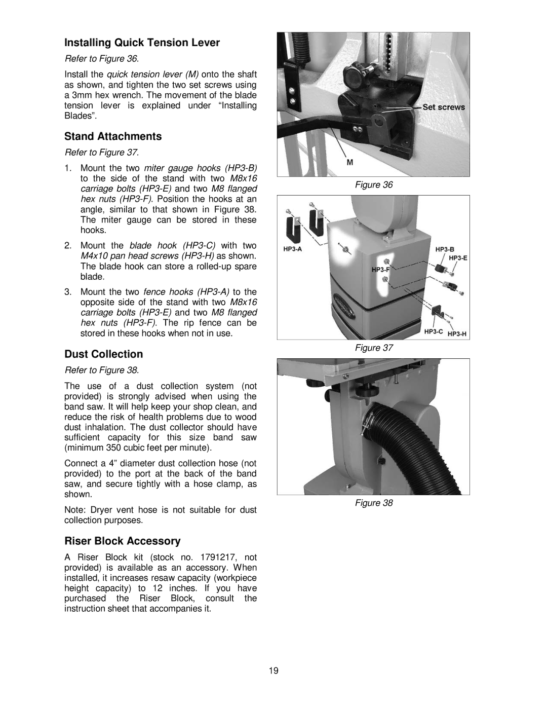 Powermatic PWBS-14CS Installing Quick Tension Lever, Stand Attachments, Dust Collection, Riser Block Accessory 