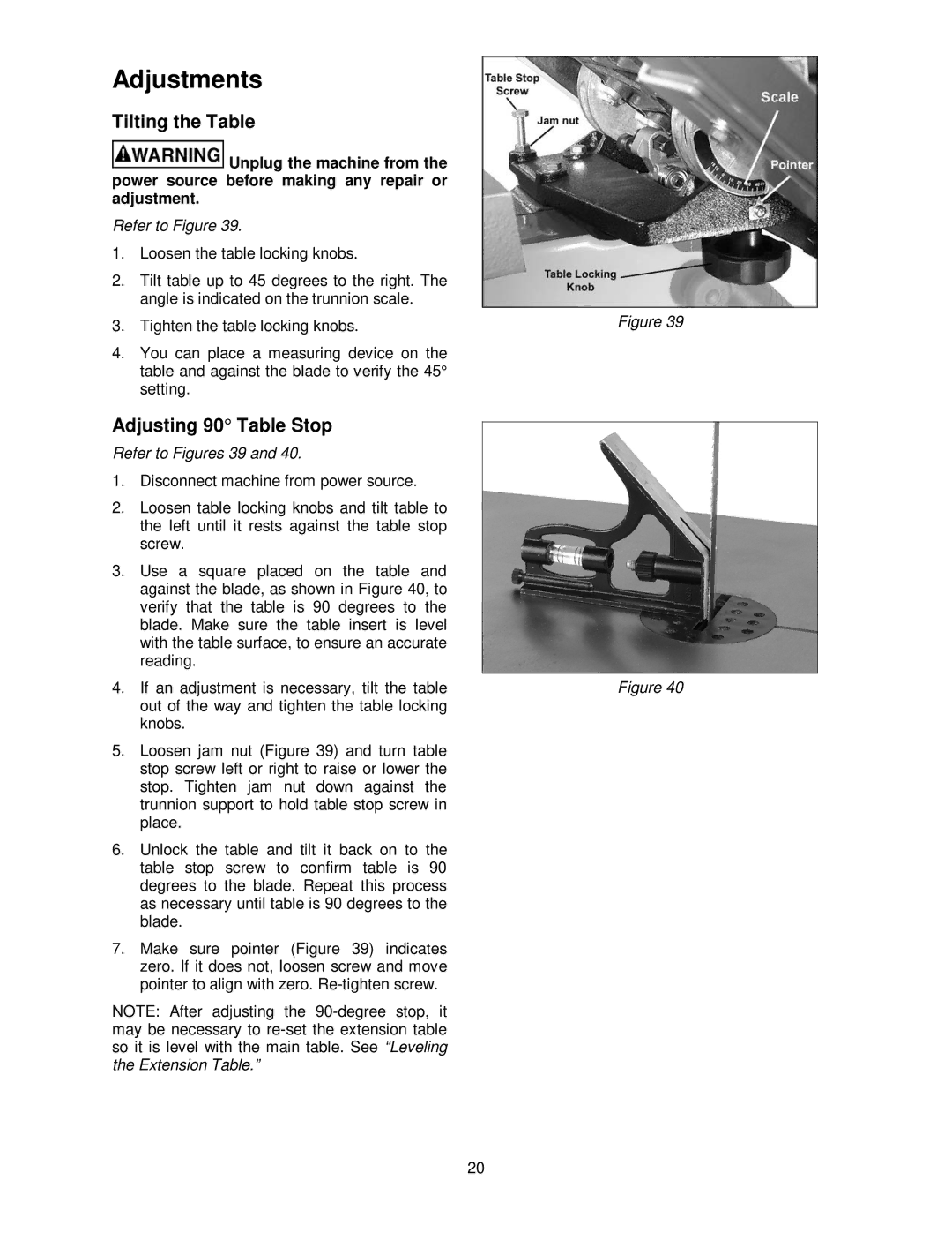 Powermatic PWBS-14CS operating instructions Adjustments, Tilting the Table, Adjusting 90 Table Stop, Refer to Figures 39 