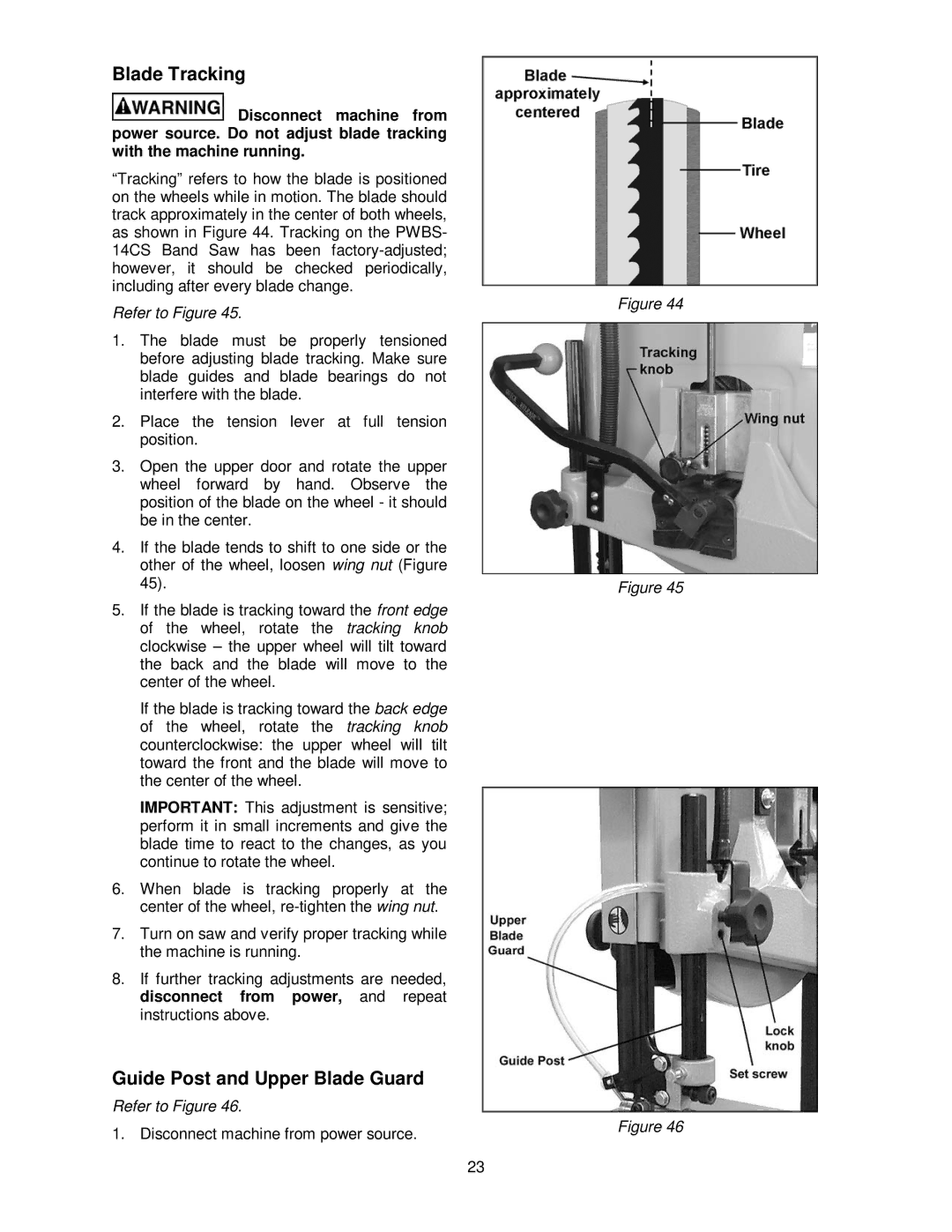 Powermatic PWBS-14CS operating instructions Blade Tracking, Guide Post and Upper Blade Guard 