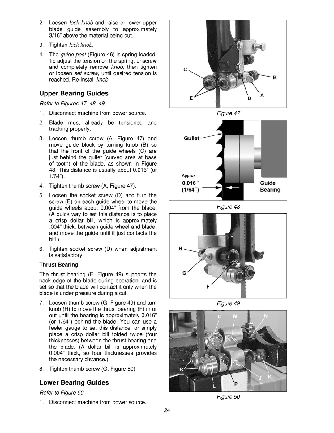 Powermatic PWBS-14CS Upper Bearing Guides, Lower Bearing Guides, Refer to Figures 47, 48, Thrust Bearing 