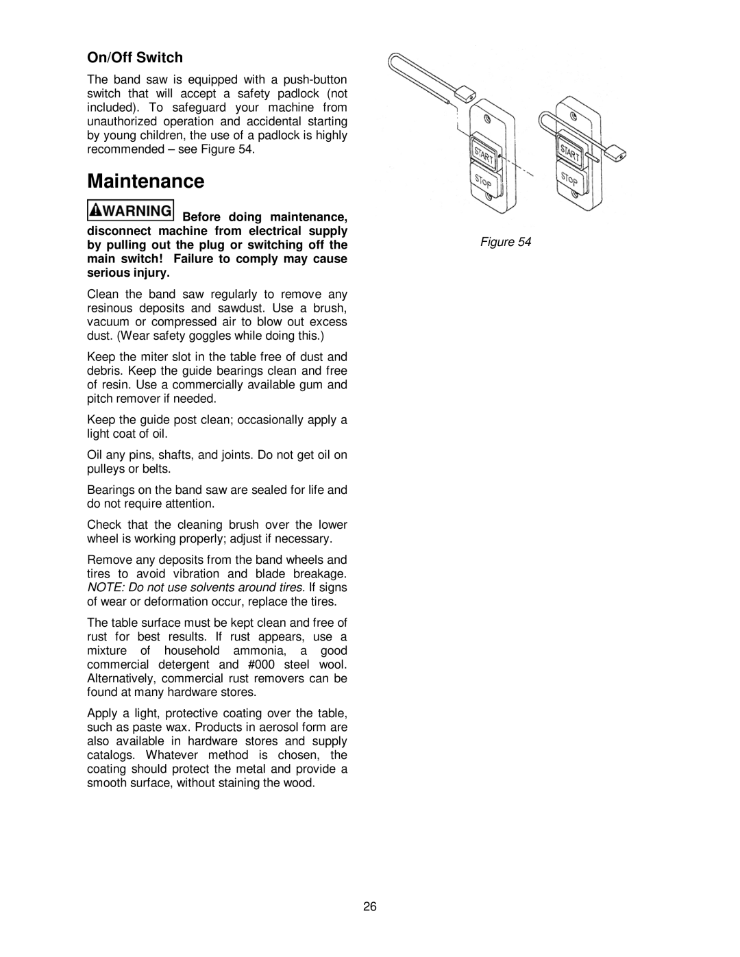 Powermatic PWBS-14CS operating instructions Maintenance, On/Off Switch 